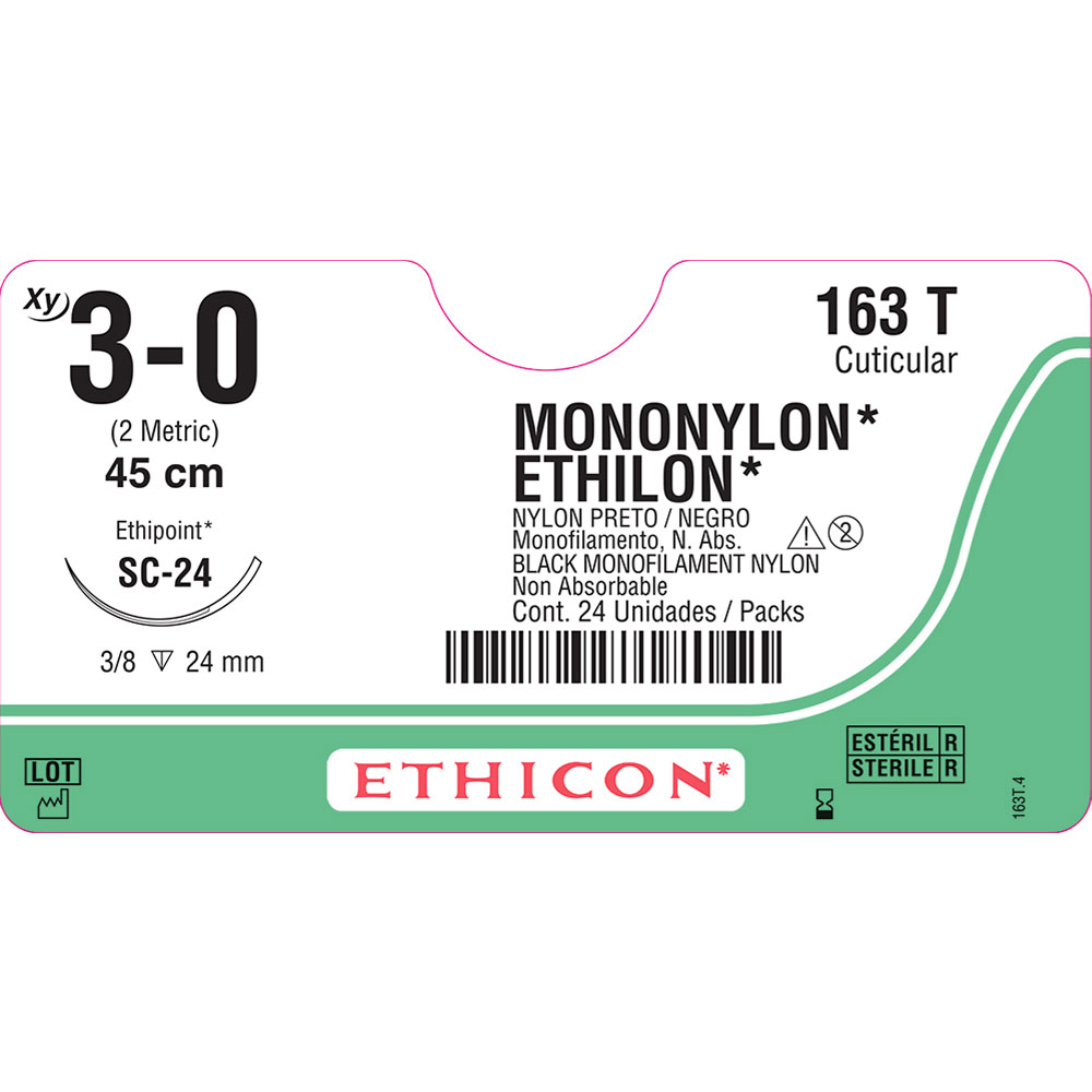 163T | Fio de sutura MONONYLON Preto 45cm 3-0 Ag. 24 mm 3/8