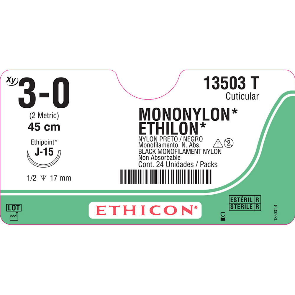 13503T | Fio de sutura MONONYLON Preto 45cm 3-0 Ag. 17 mm 1/2