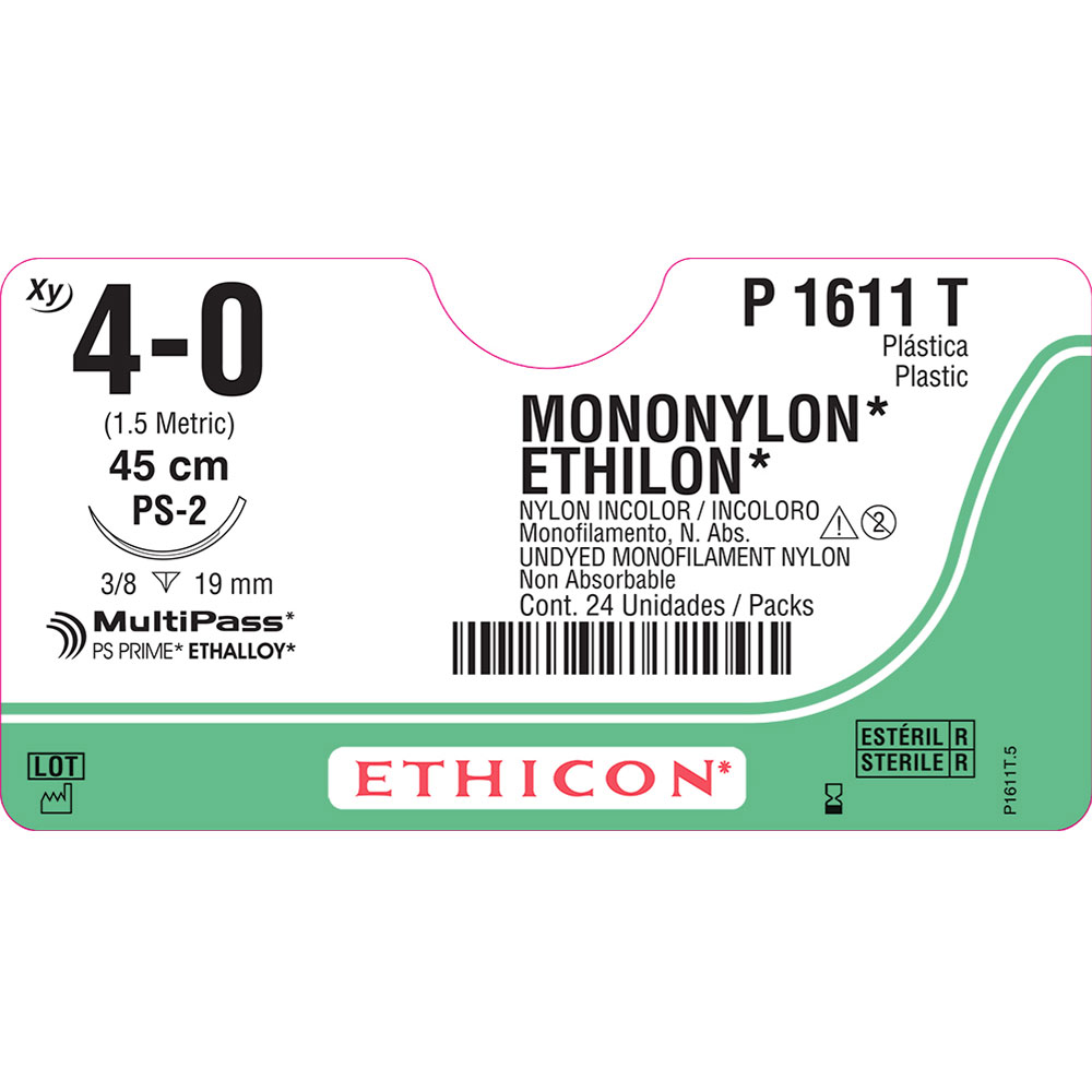 P1611T | Fio de sutura MONONYLON Incolor 45cm 4-0 Ag. 19 mm 3/8