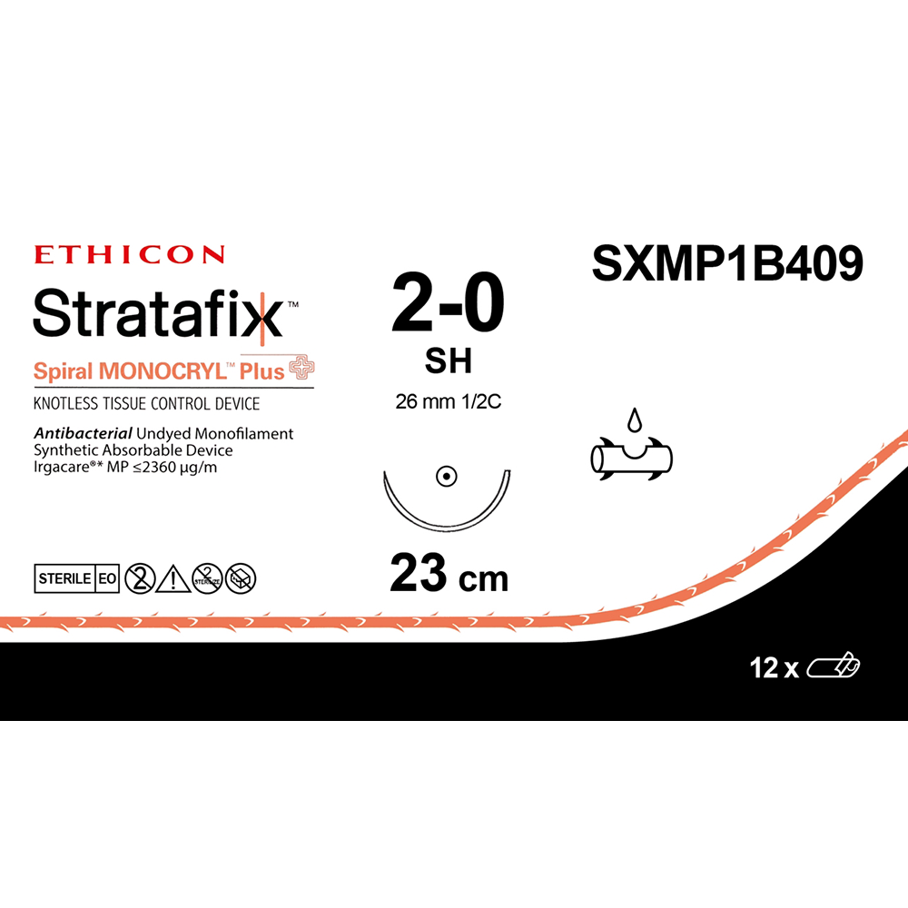 SXMP1B409 | Fio de sutura Monocryl Plus Stratafix Spiral Unidirecional 20cm 2-0 Ag. 26mm 1/2