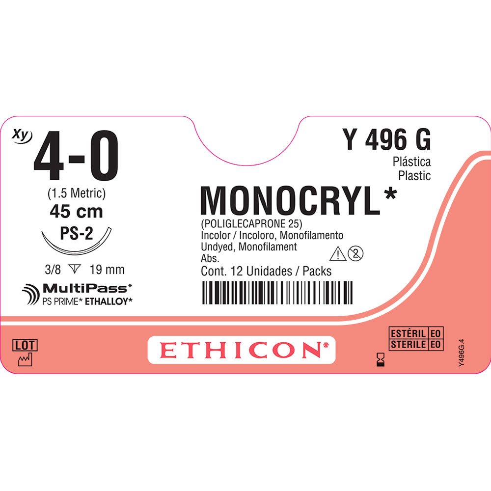 XYY496G | Fio de sutura MONOCRYL Incolor 45cm 4-0 Ag. 19 mm 3/8